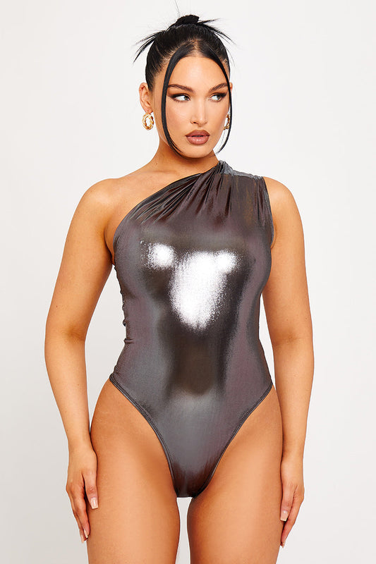 SAVINA | Metallic One Shoulder Ruched zomer Bodysuit