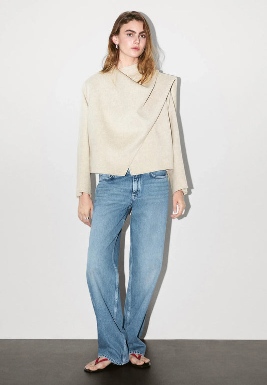 Dames Asymmetrische Jas van Wolmix | Stijlvolle Jas met Sjaaldetail | Aveline