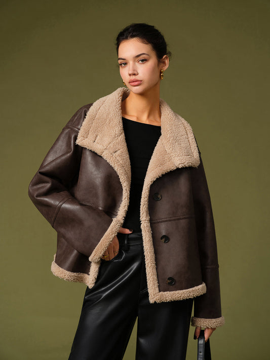 Fleece Jas Dames | Warme Vegan Leren Jas met Zachte Voering