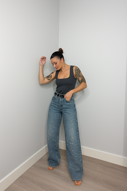 High-Waist Jeans Dames | Rechte Spijkerbroek met Subtiele Glitter Details
