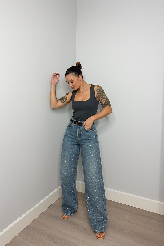 High-Waist Jeans Dames | Rechte Spijkerbroek met Subtiele Glitter Details