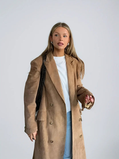 Suède Trenchcoat Dames | Elegante Jas met Revers en Dubbele Knoopsluiting