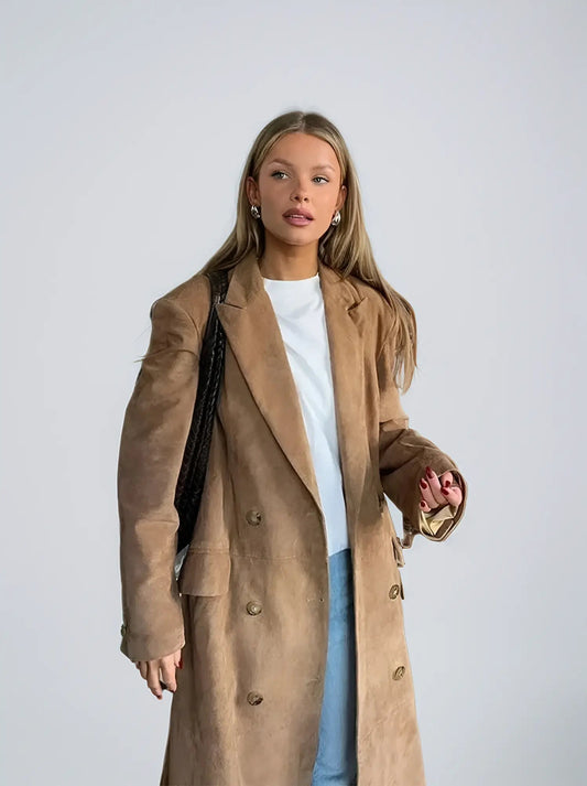 Suède Trenchcoat Dames | Elegante Jas met Revers en Dubbele Knoopsluiting