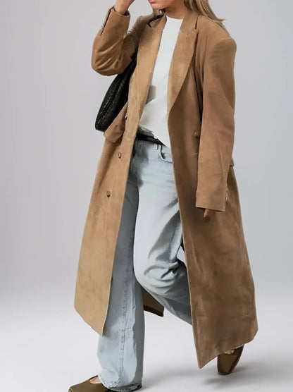 Suède Trenchcoat Dames | Elegante Jas met Revers en Dubbele Knoopsluiting