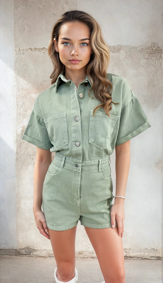 Jill | korte denim jumpsuit korte broek knopen blouse