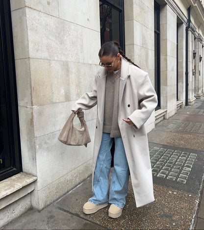 Celine | Oversized Jas Dames | Lange Mantel Met Reverskraag & Dubbele Knopen