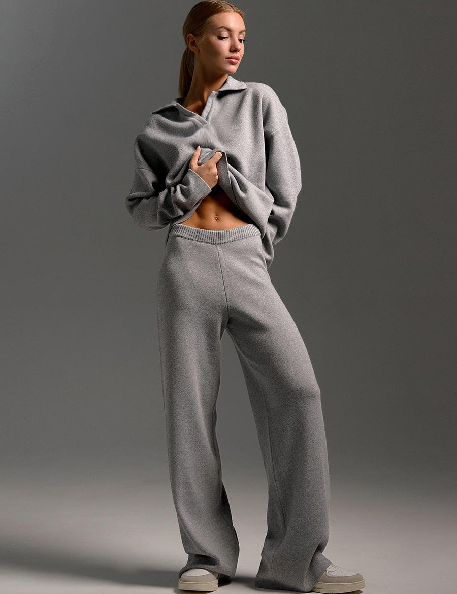Lina | Gebreide Lounge Set Dames – Brede Broek & Polosweater voor Warm Wintercomfort