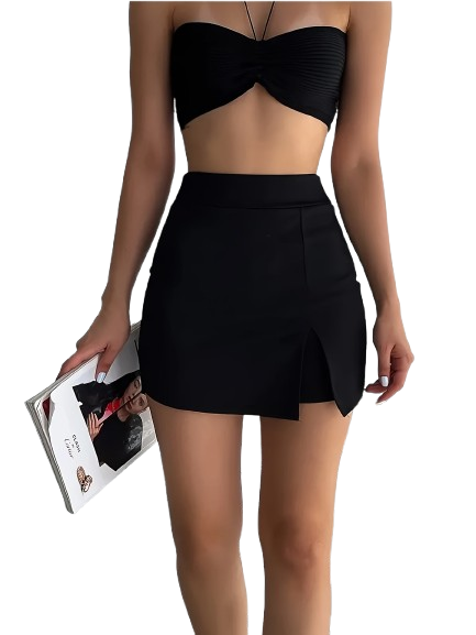 Amélie | Zwarte Zijsplit Minirok met Hoge Taille