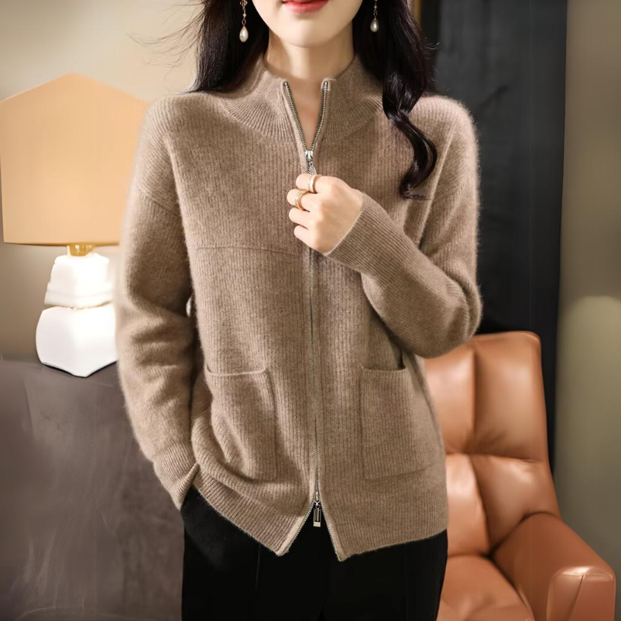 Eva | Dames Gebreid Vest van Merinowol – Met Rits & Lange Mouwen