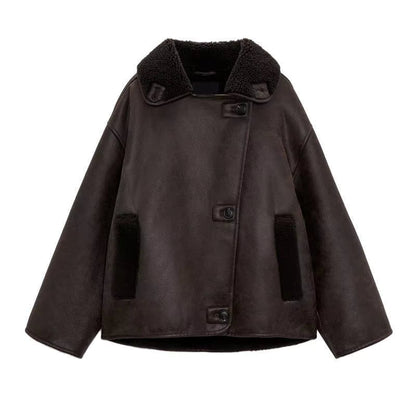 Jamy | Korte Teddy Jas Dames | Donkerbruine Leerlook Winterjas