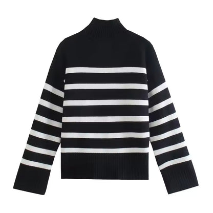 Maya | Dames Trui – Oversized Pasvorm – Wolmix Gebreid – Hoge Col – Gestreept Design