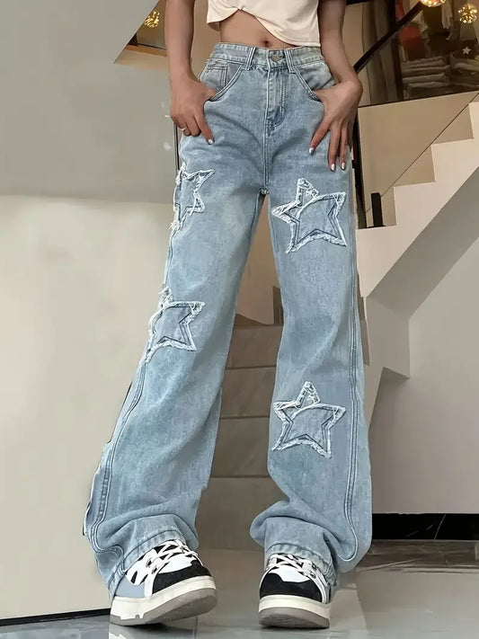 Johanna | Star Jeans Dames | Trendy Spijkerbroek Met Sterrenprint