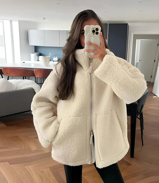 Jennifer | Oversized Teddy Jas Dames | Warme Winterjas Met Rits & Hoge Kraag