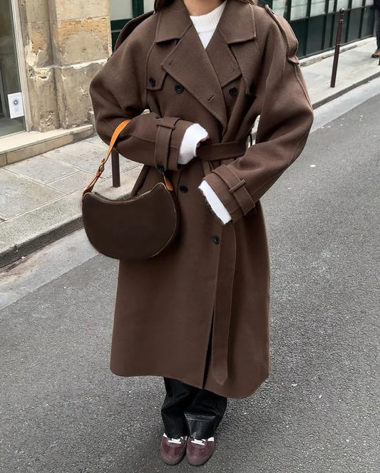 Elena | Lange Wollen Jas Dames | Elegante Trenchcoat Met Ceintuur Voor Winter
