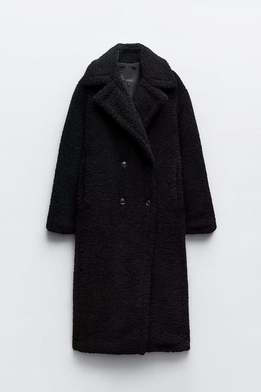 Lange Teddy Jas Dames – Warme Winterjas met Reverskraag en Knopen