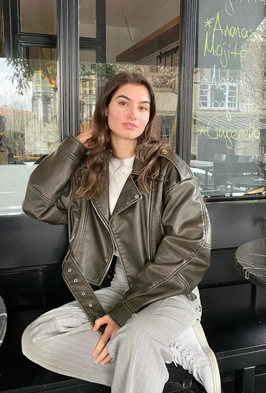 Dames Oversized PU Leren Bikerjack – Trendy Jas met Riemdetail