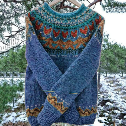 Lina | Dames Wollen Wintertrui – Met Ronde Hals & Noors Motief