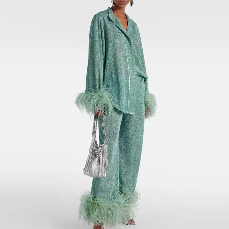 Faye | Luxe Glitter Set voor Dames – Feestelijke Two-Piece met Veren