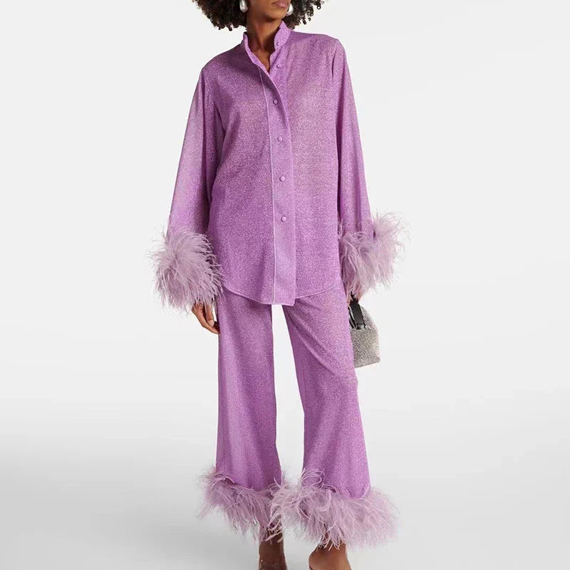 Faye | Luxe Glitter Set voor Dames – Feestelijke Two-Piece met Veren