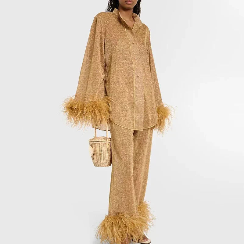 Faye | Luxe Glitter Set voor Dames – Feestelijke Two-Piece met Veren