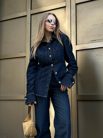 Olivia | Denim Co-ord Set Dames | Spijkerblouse Met Gouden Knopen & Flared Jeans