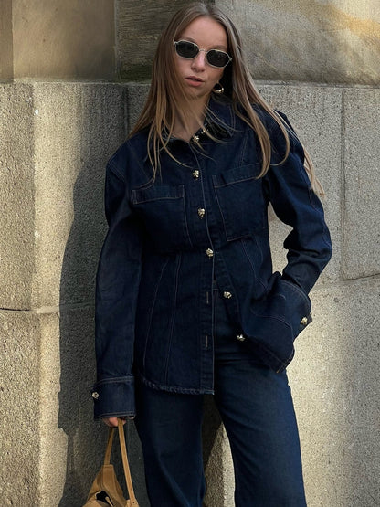 Olivia | Denim Co-ord Set Dames | Spijkerblouse Met Gouden Knopen & Flared Jeans