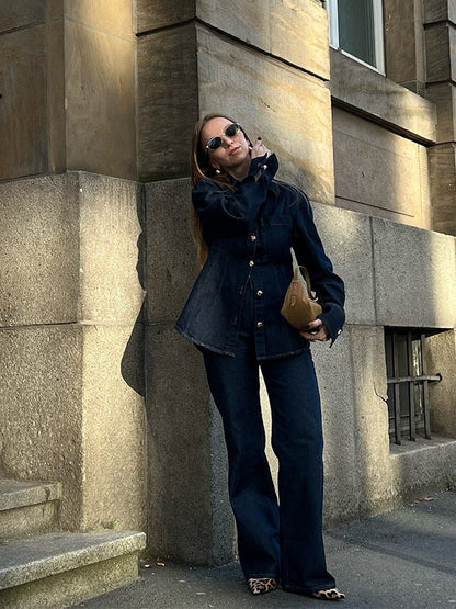 Olivia | Denim Co-ord Set Dames | Spijkerblouse Met Gouden Knopen & Flared Jeans