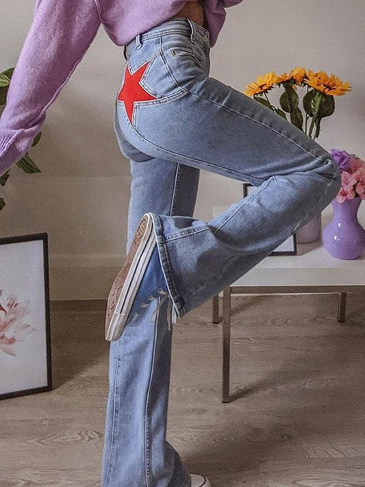 Luna Vintage Flare Jeans Dames | Y2K Uitlopende Spijkerbroek Met Rode Ster