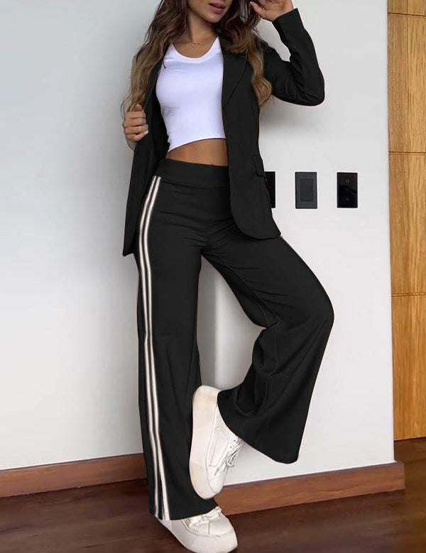 Blazer Broek Set Dames | Luxe Gestreepte Tweedelige Outfit van Effen Katoen