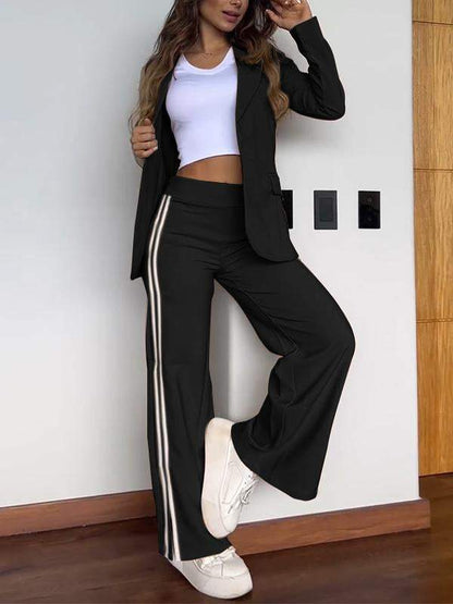 Blazer Broek Set Dames | Luxe Gestreepte Tweedelige Outfit van Effen Katoen