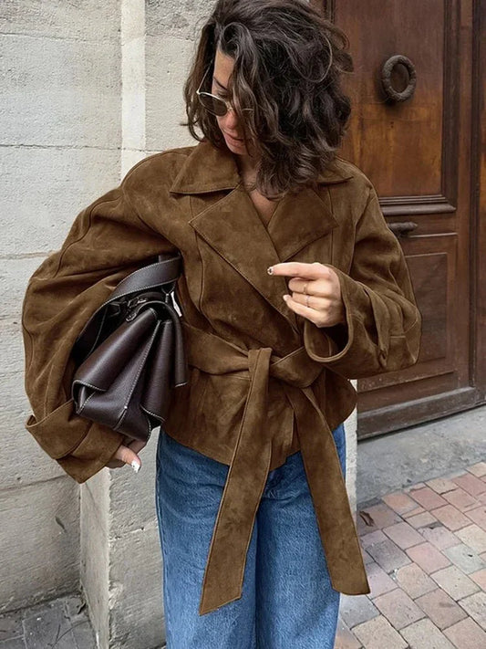 Novi | Oversized Leren Jas Dames | Bruine Suede Look Winterjas Met Ceintuur