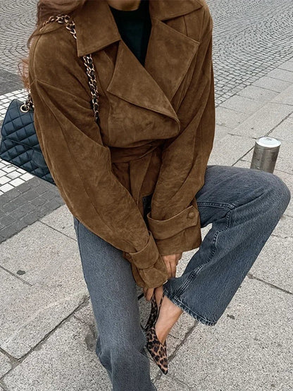 Novi | Oversized Leren Jas Dames | Bruine Suede Look Winterjas Met Ceintuur