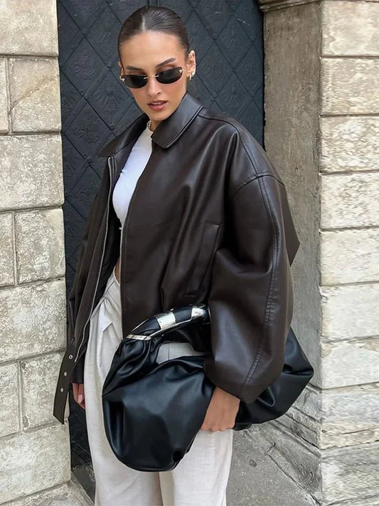 Lois | Leren Jack Dames Oversized | Trendy Biker Jas Met Rits & Riemdetail