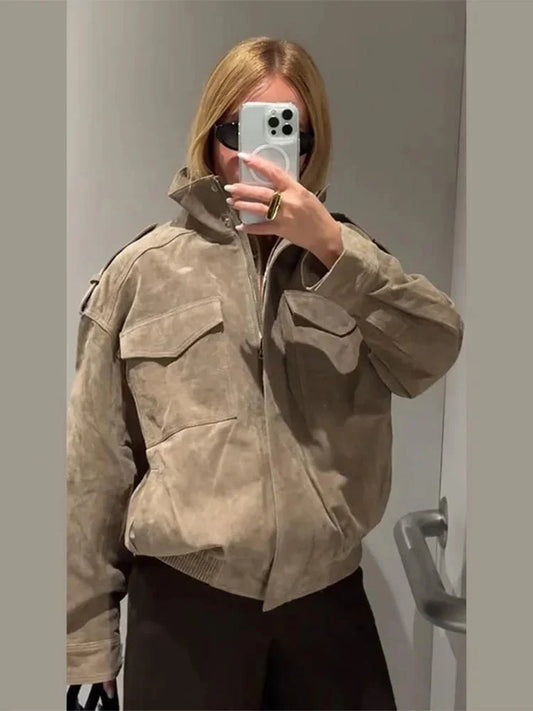 Joy | Bomber Jas Dames Leerlook | Trendy Jas Met Opstaande Kraag & Zakken