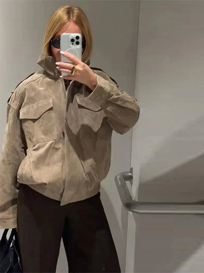 Joy | Bomber Jas Dames Leerlook | Trendy Jas Met Opstaande Kraag & Zakken