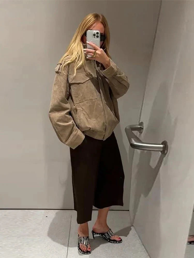 Joy | Bomber Jas Dames Leerlook | Trendy Jas Met Opstaande Kraag & Zakken