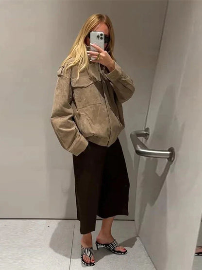 Joy | Bomber Jas Dames Leerlook | Trendy Jas Met Opstaande Kraag & Zakken