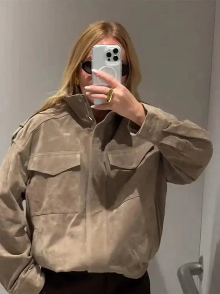 Joy | Bomber Jas Dames Leerlook | Trendy Jas Met Opstaande Kraag & Zakken