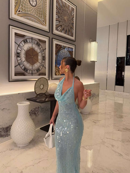Elodie | Avondjurk Dames Maxi | Glamoureuze Blauw Pailletten Jurk Voor Feest & Gala