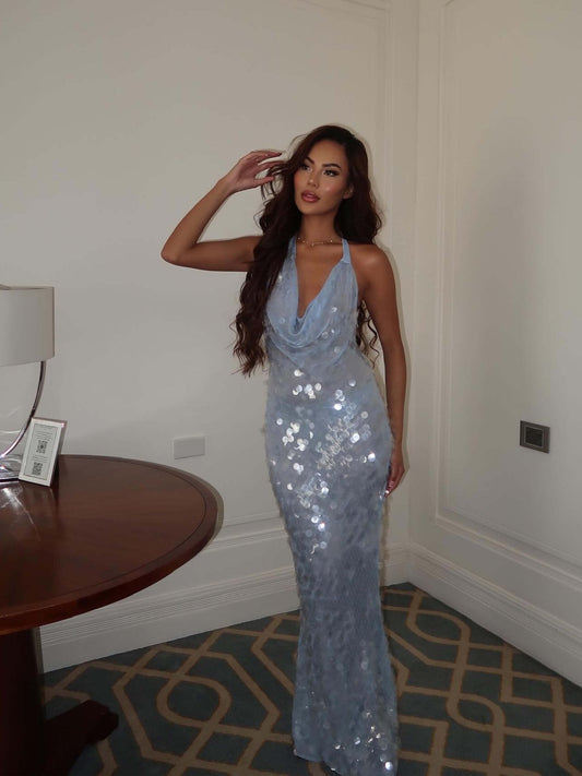 Elodie | Avondjurk Dames Maxi | Glamoureuze Blauw Pailletten Jurk Voor Feest & Gala