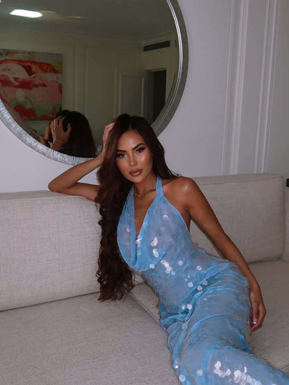 Elodie | Avondjurk Dames Maxi | Glamoureuze Blauw Pailletten Jurk Voor Feest & Gala